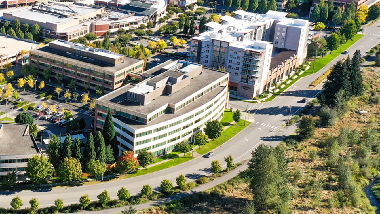 An aerial image of the campus location in Redmond, Washington. 