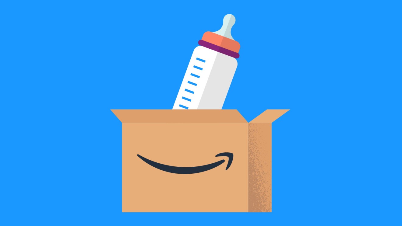 An illustrated image of a baby bottle coming out of an Amazon box