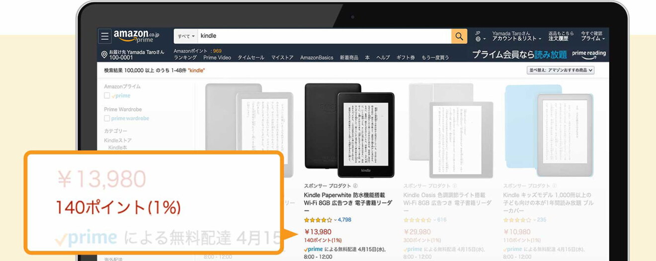 Kindle製品が並ぶAmazonの商品ページ。左側の吹き出しに、Kindle Paperwhite（13,980円）の購入で140ポイント獲得と表示されている。