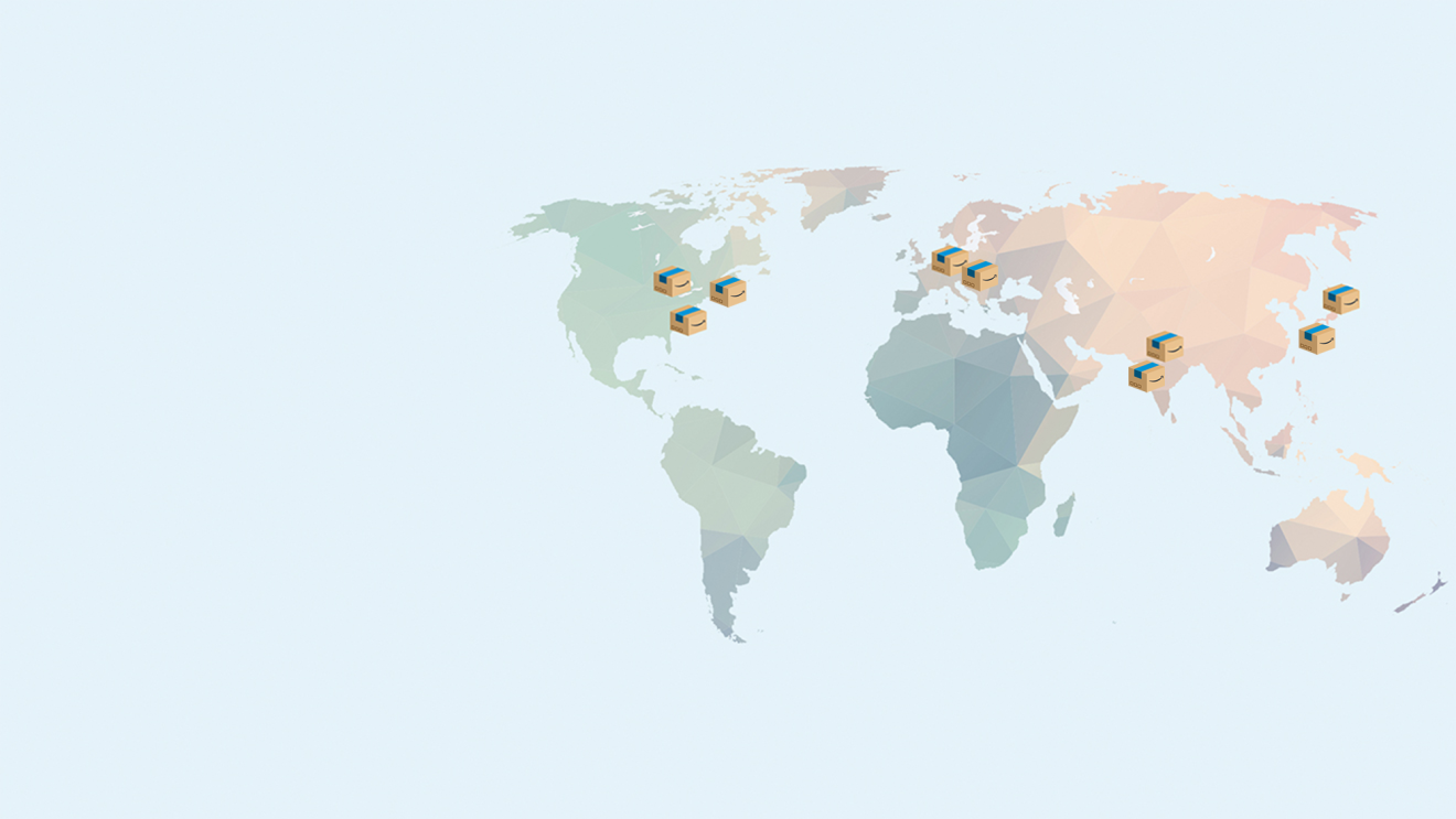 A world map with Amazon packages in certain locations.