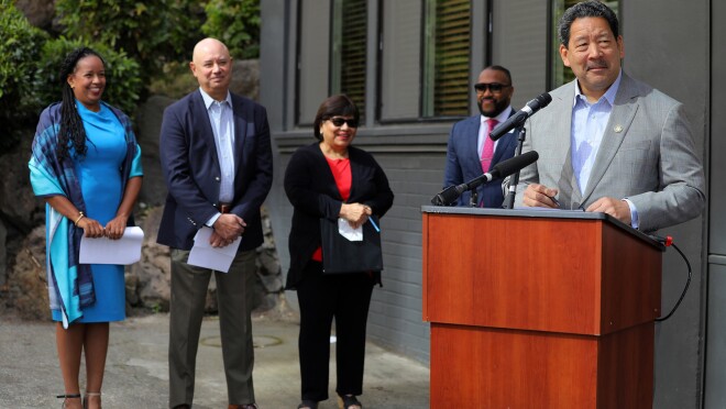 Leaders speak at Mount Baker Village, site of new affordable housing being built with support from Amazon's Housing Equity Fund
