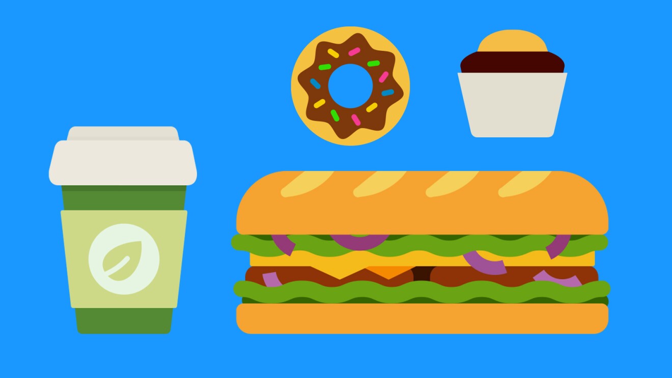 illustration of a coffee cup, sandwich, donut, and cupcake to represent amazon credits you can earn through amazon go during prime big deal days 