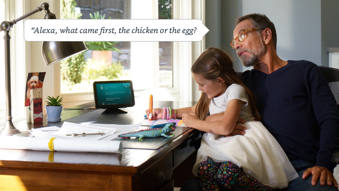 An image of a father and daughter drawing with an Amazon device in the corner of the desk. There is a text box that reads: "Alexa, what came fist, the chicken or the egg?"