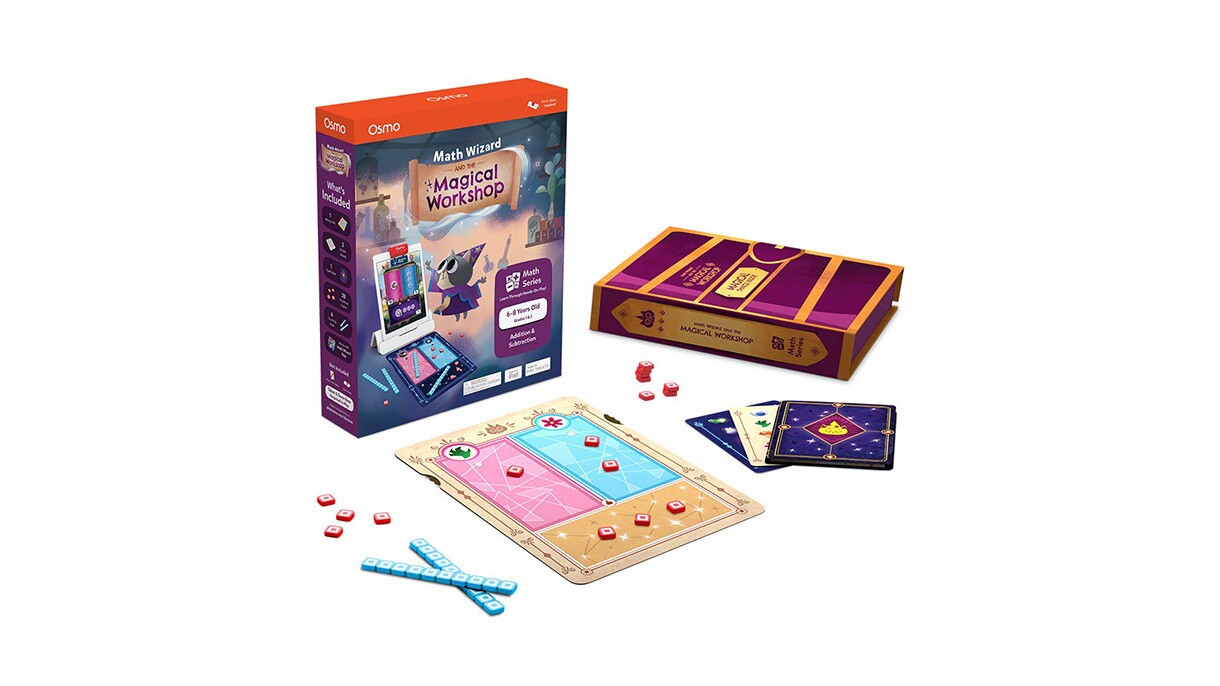 An image of the Osmo Math Wizard & the Magical Workshop for Fire Tablet & iPad. It shows a box and several cards and accessories that come with the kit.