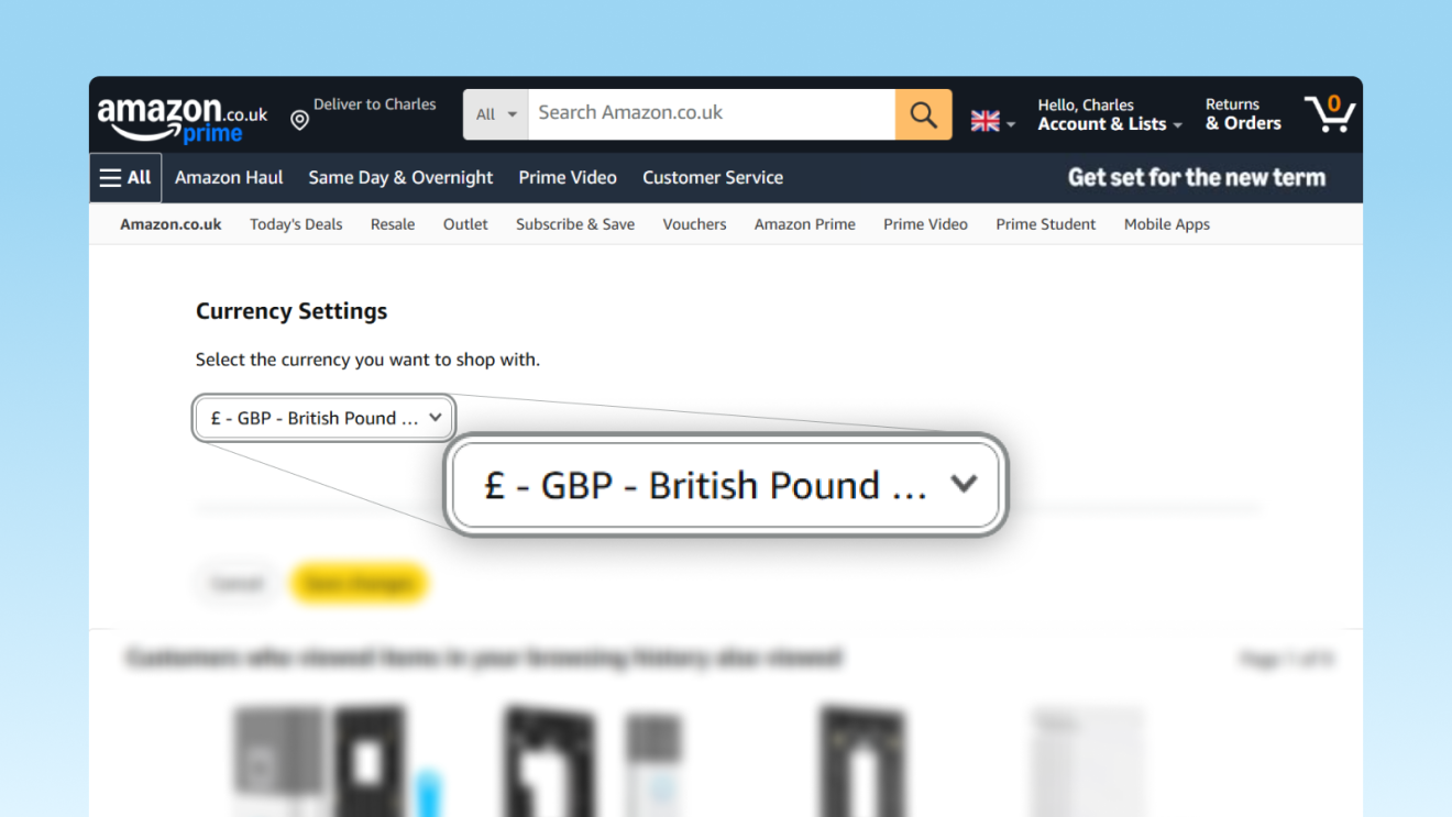 Amazon UK website currency settings dropdown