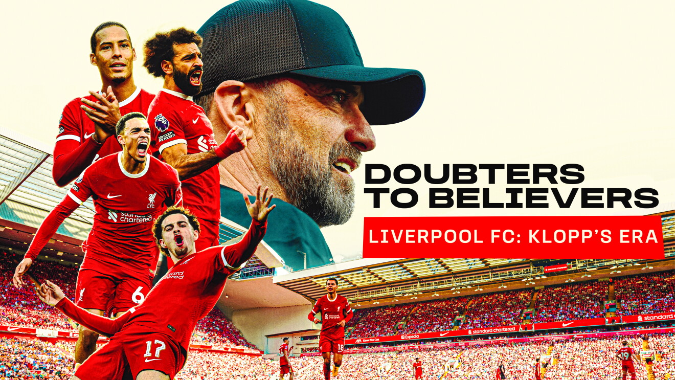 Promotional image from the documentary Doubters to Believers Liverpool FC showing Jurgen Klopp and other players