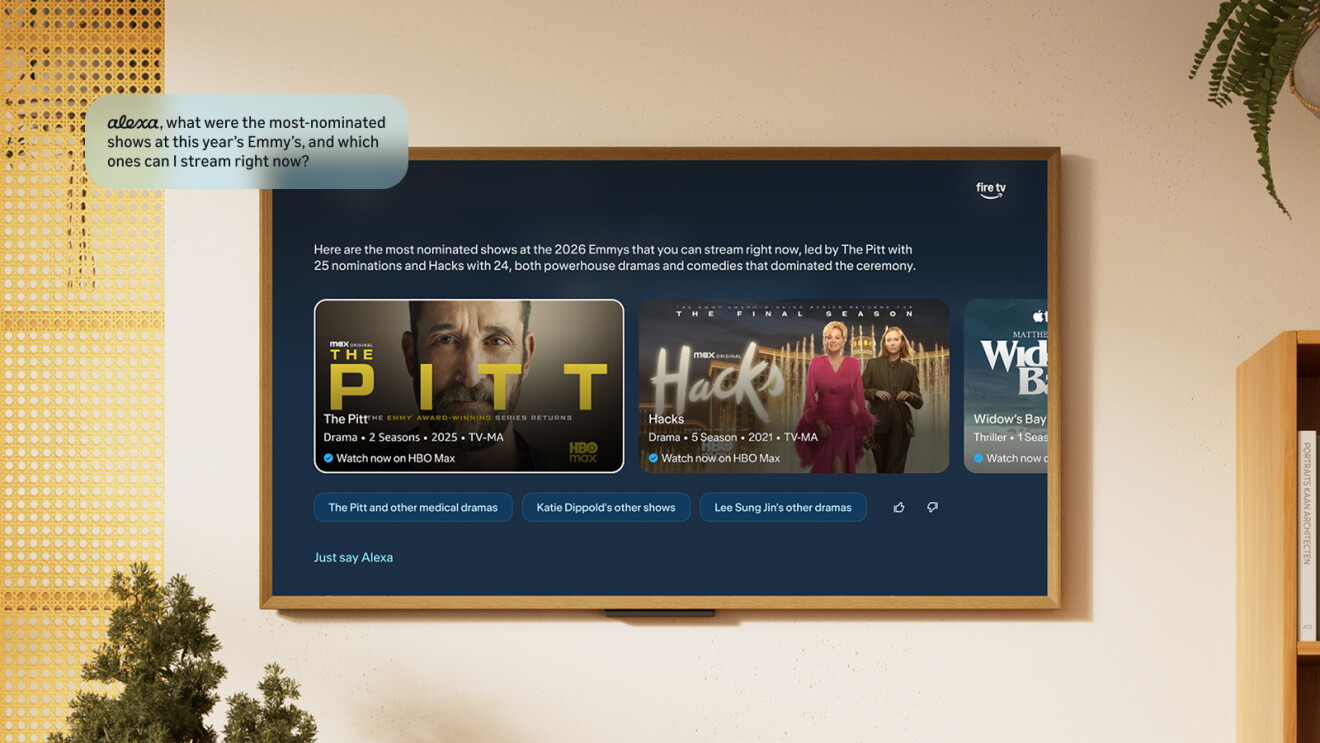 Fire TV displaying prime video show options, with a blurb stating: 'alexa what were the most nominated shows at this year's Emmy's and which ones can i stream right now?'