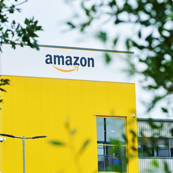 Amazon fulfilment centre, with company branding on the outside