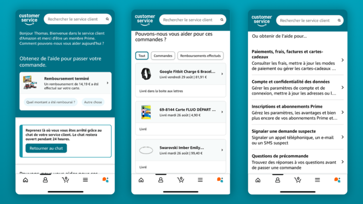 Interface du service client montrant trois étapes d'assistance