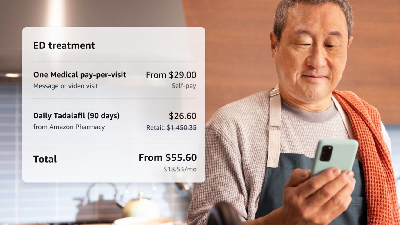 ED treatment pricing breakdown next to smiling man holding smartphone
