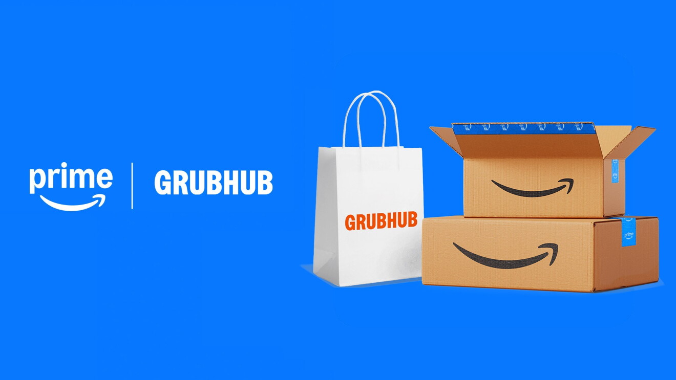 Amazon Prime and Grubhub logos with delivery packaging
