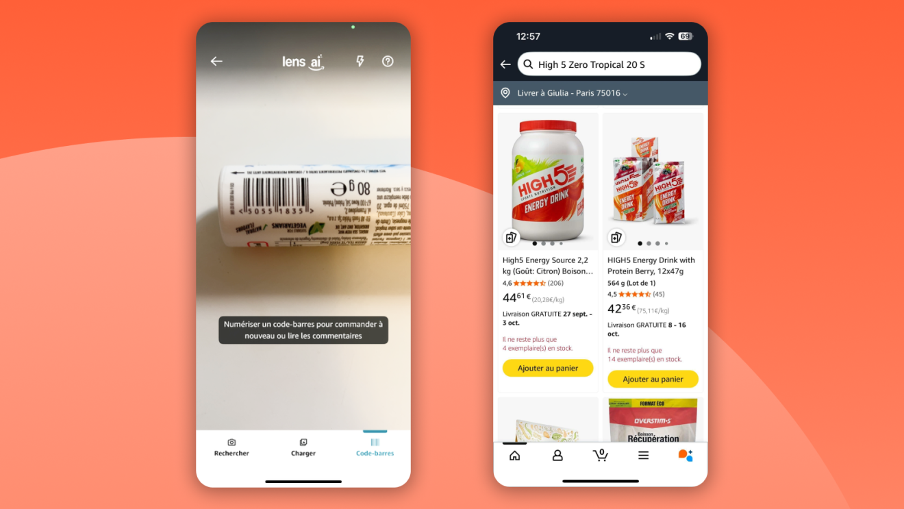 Écrans d'application smartphone comparant un scan de code-barres à une fiche produit en ligne