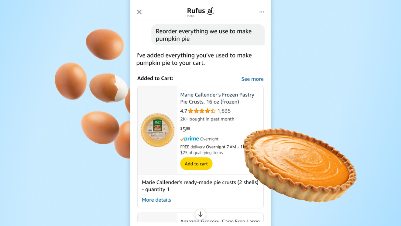 Rufus AI assistant adding pumpkin pie ingredients to shopping cart