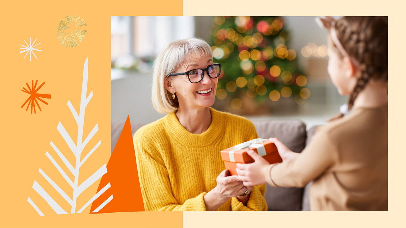 An illustrated image with a light orange background and illustrated trees and stars. An image sits atop the illustration, showing a woman receiving a gift from a child while smiling.