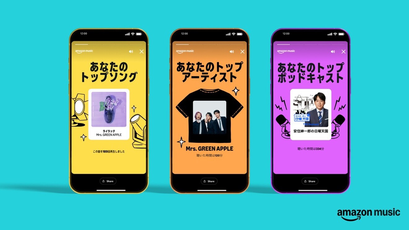 水色の背景に3つのスマートフォンを正面を向いて配置。画面には左からそれぞれ「あなたのトップソング」、「あなたのトップアーティスト」、「あなたのトップポッドキャスト」を表示