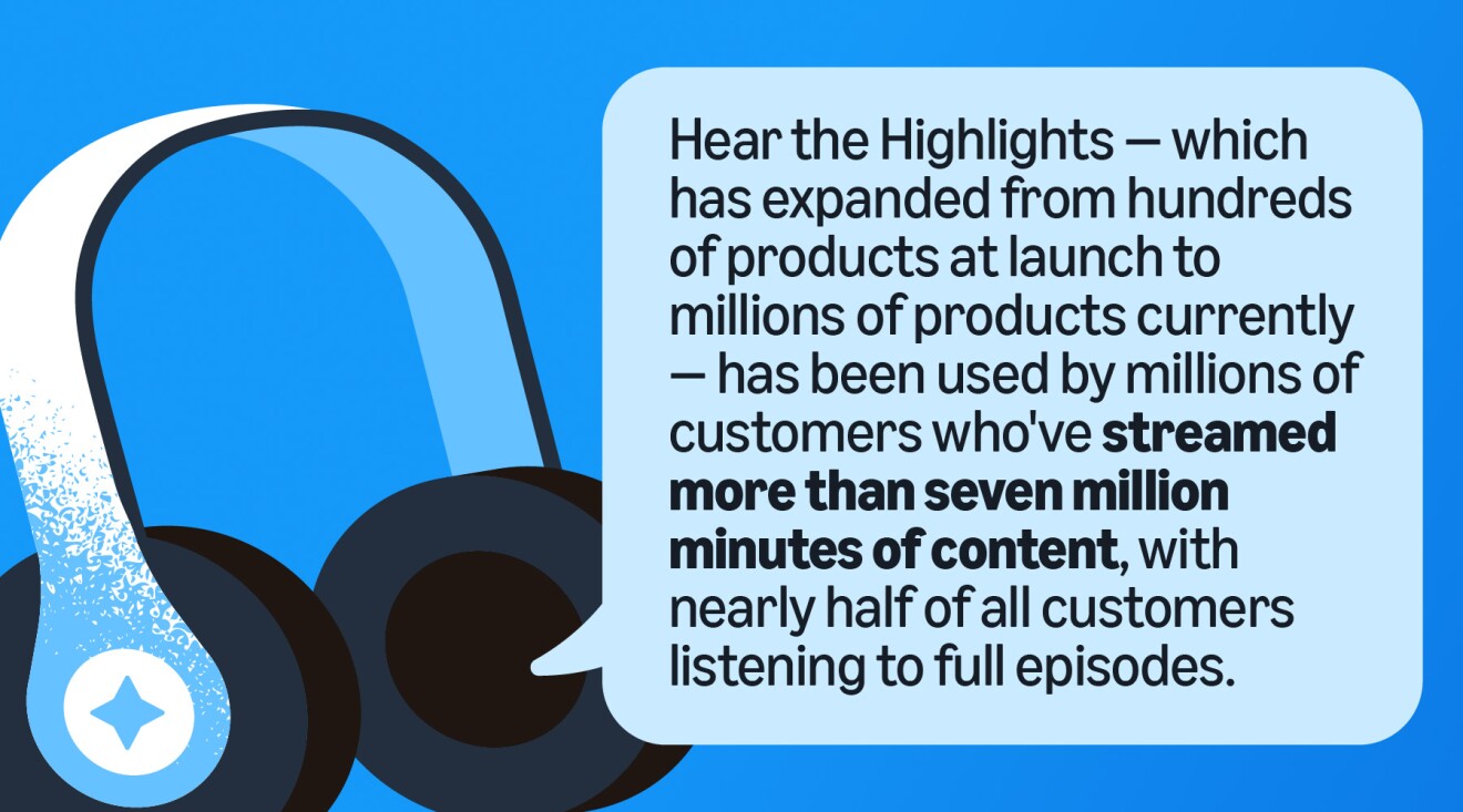 Headphones icon with stats on Amazon Hear the Highlights feature growth