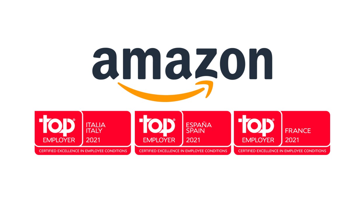 Amazon Logo with Top Employer certification seals for Italy, Spain and France.