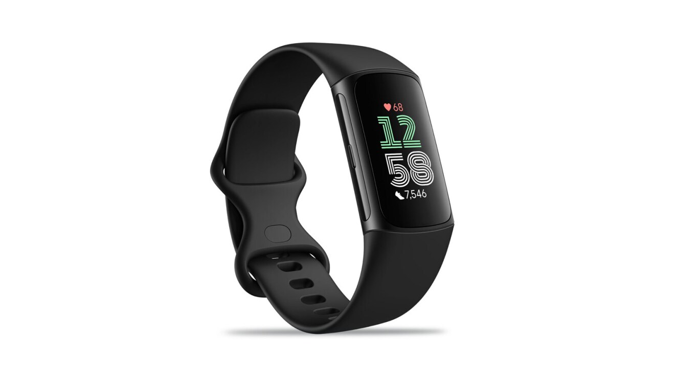 An image of a black, FitBit device that fits around your wrist. It has a long, skinny screen with the time in large numbers and various other health metrics in smaller numbers around it.