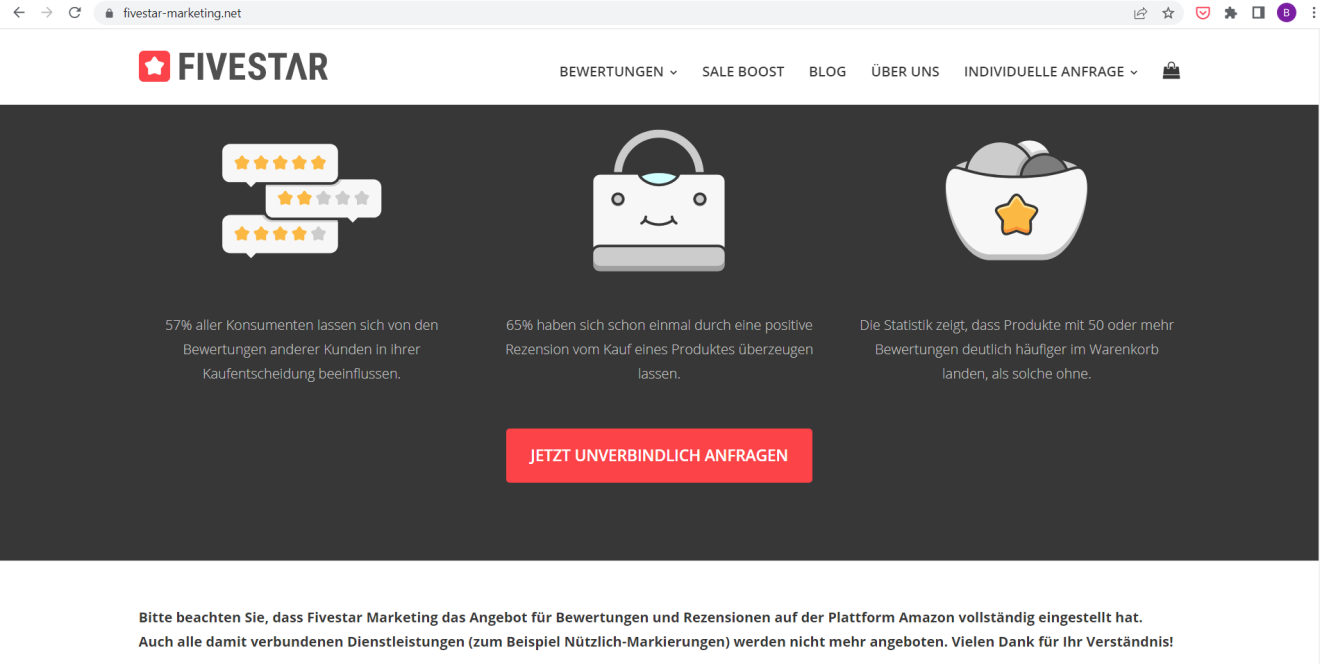 Fivestar Marketing Website. Grafik zum Bewertungssystem inklusive "Jetzt unverbindlich anfragen".