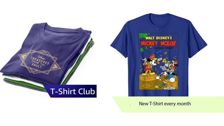 An image showing stacked Disney t-shirts with text that reads "T-Shirt club" and "New T-shirt every month"