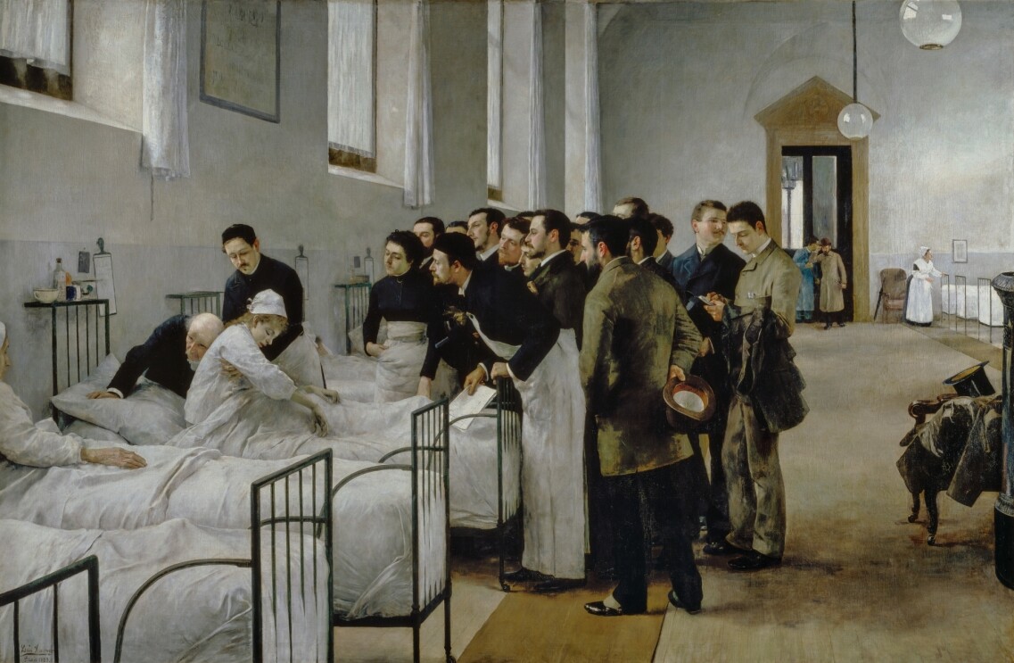 La pintura de Luis Jiménez Aranda representa la visita al hospital de un grupo de estudiantes acompañados por su profesor, que les enseña a examinar el cuerpo de los pacientes para observar los efectos de la enfermedad. En este caso, se trata de una joven semiinconsciente, vestida con camisón y gorro blancos. La enferma es incapaz de incorporarse por sí sola, de manera que el médico ha pedido a uno de los ayudantes, tocados con un bonete negro, que le ayude a sostenerla mientras él realiza la auscultación directa. Esta consiste en pegar el oído a la espalda de la paciente para escuchar el ritmo de los latidos cardíacos, exploración que actualmente se realiza con el estetoscopio. El otro ayudante, a los pies de la cama, sostiene unas hojas con el historial médico, información que se completa con la ficha colgada de la cabecera. Seguramente, ésta contiene observaciones sobre la dieta, los fármacos y las pautas que han de cumplirse con ese paciente en concreto. En una balda colocada encima hay, además, algunas botellas y un tazón con el que se administran brebajes o caldo