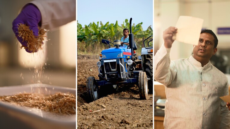 Hands sifting grain, farmer on tractor in field, person holding document