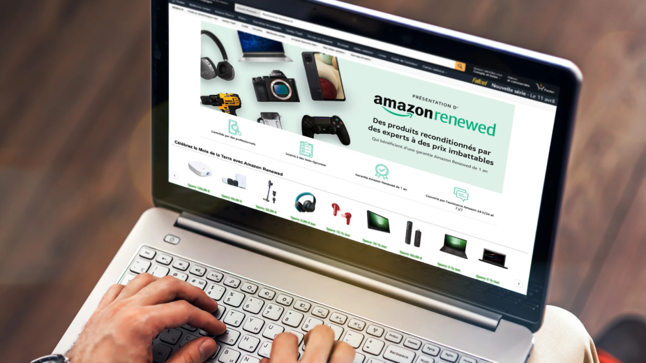 Ordinateur portable affichant la page web Amazon Renewed avec des appareils électroniques reconditionnés