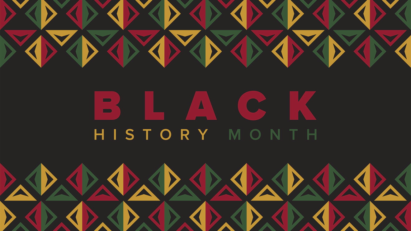 Black background with Black History Month in red, yellow, and green text. Above and below the text are green, red, and yellow patterns 