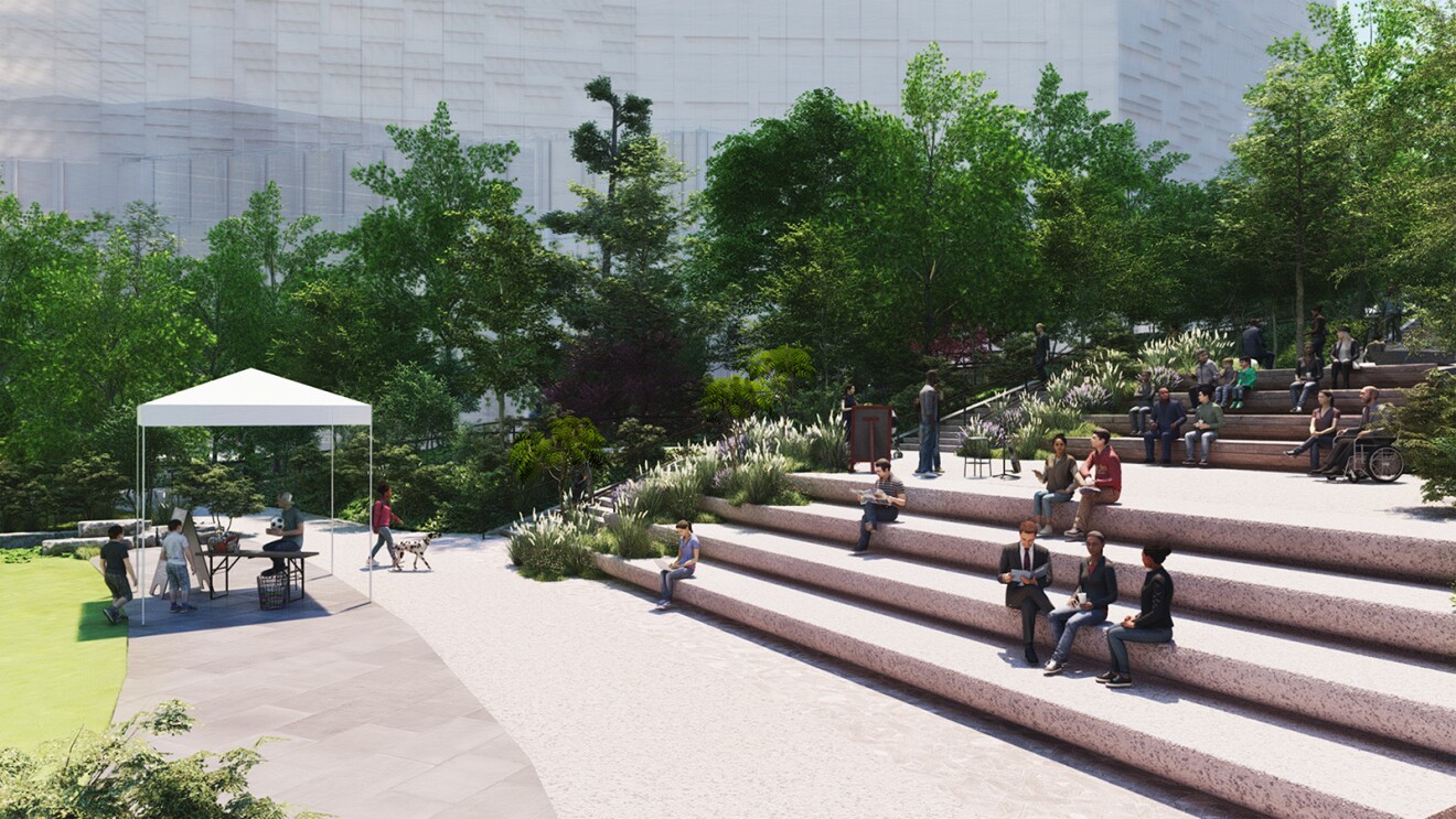 A rendering from Amazon's HQ2 that shows an open-air amphitheater will provide space for programming and events, including concerts, farmers markets, and evening movie screenings.