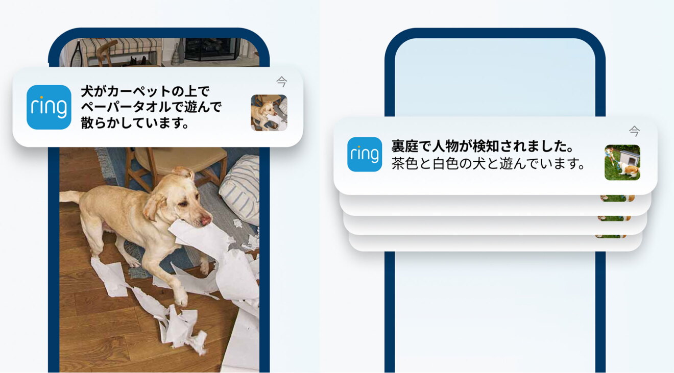 Ringアプリのスマートビデオ通知の画面イメージ。室内の犬の活動と、裏庭での人物と犬の検知を通知する2つの画面例。