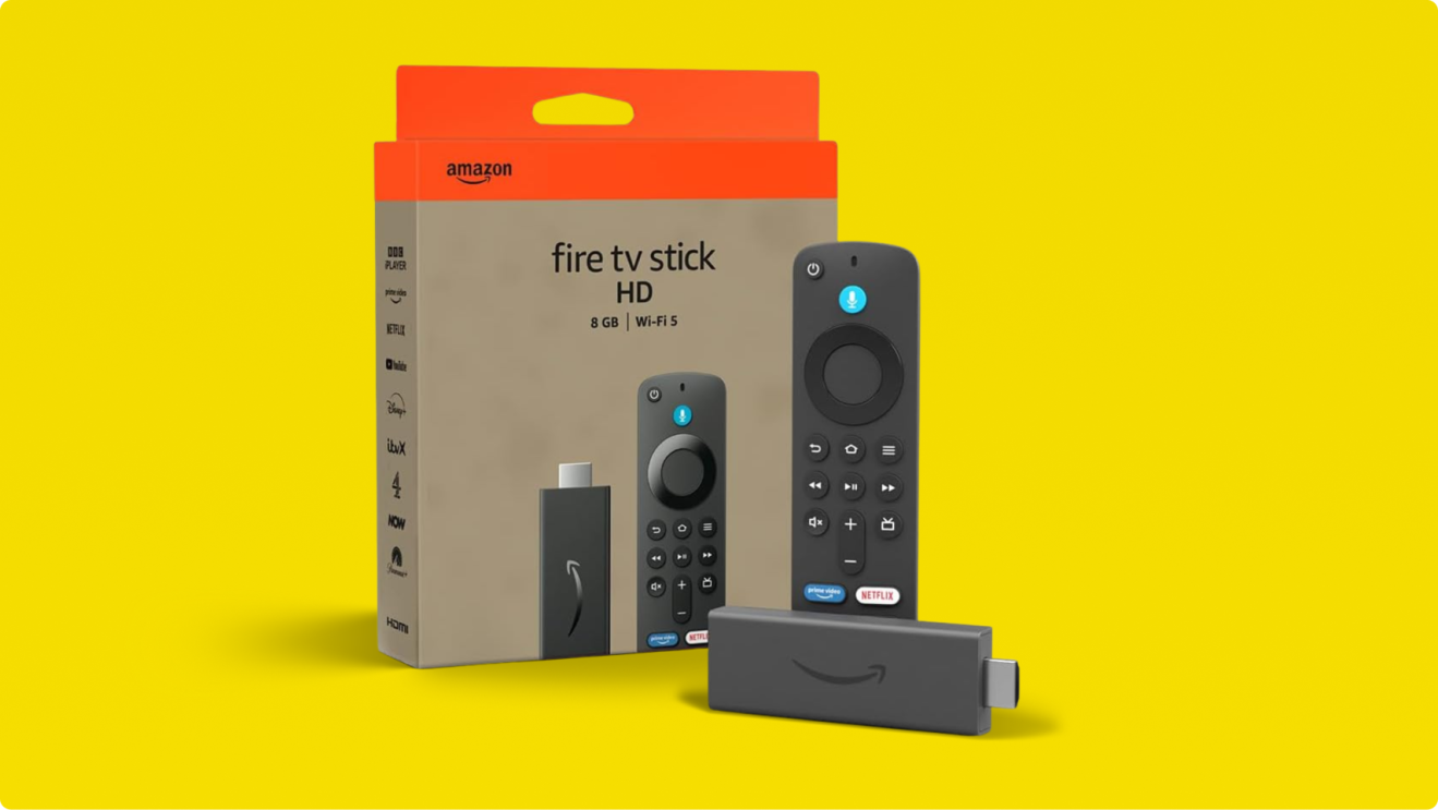 Amazon Fire TV Stick HD package with remote and device on yellow background