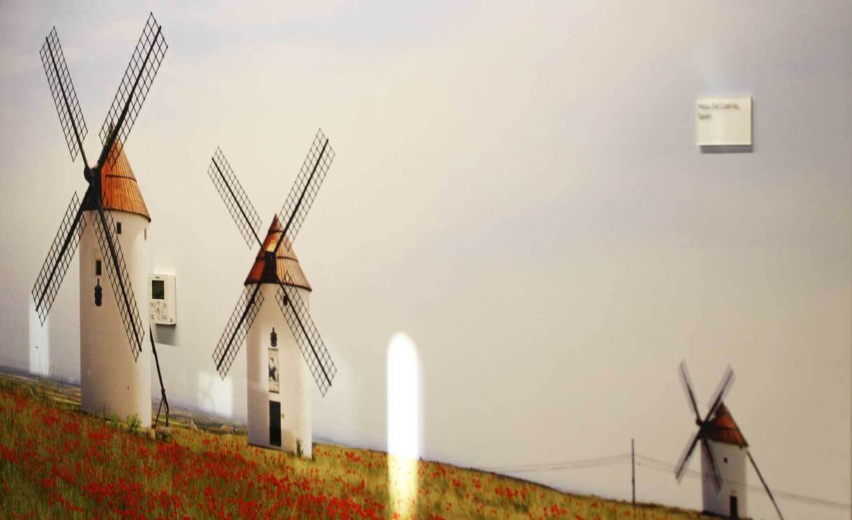 An image of a field with windmills. 
