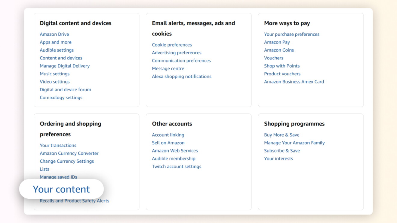 Amazon account settings menu with categories for digital content, email preferences, payment options, and more