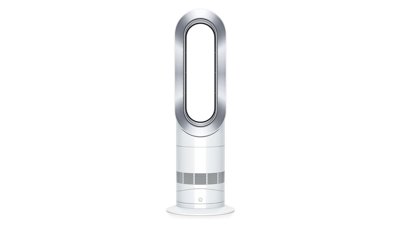 An image of the Dyson fan. It has a hollow, cylinder up top and a solid, white base.