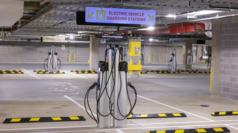 An image of electric vehicle charging stations inside the parking garage at Amazon's HQ2