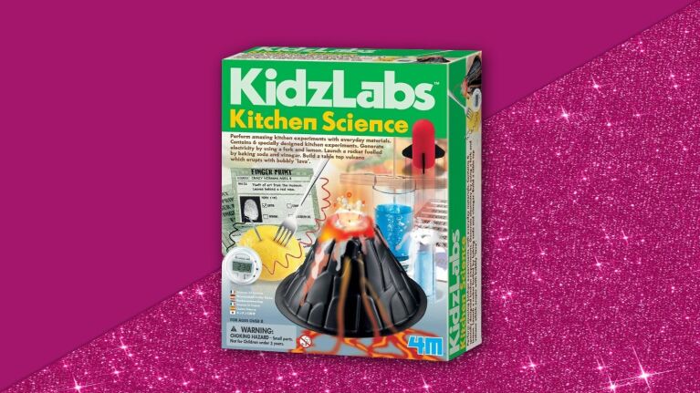 KidzLabs Kitchen Science kit with volcano experiment on vibrant pink background