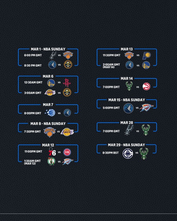 NBA game schedule from March 1 to March 29, showing matchups and GMT times