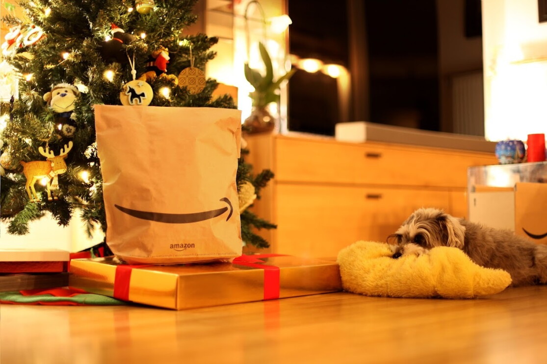 En el salón de un casa y con el árbol de Navidad de fondo hay un regalo en el seulo y encima una bolsa de papel con la sonrisa de Amazon. Al lado dereco un perro estirado con el morro encima de una manta. El suelo és de madera y de fodo se ve una ventana.  