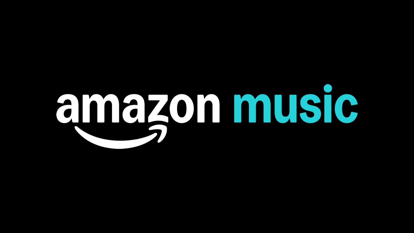 Amazon Music のロゴ。黒い背景にAmazonのロゴの横にmusicという水色の文字