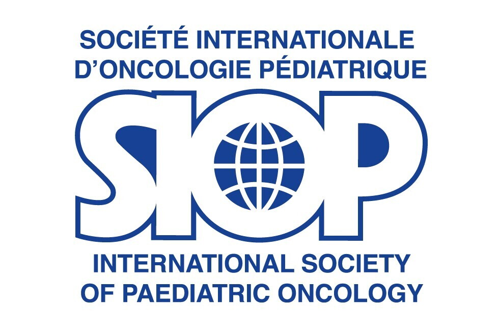 An image of the logo for the International Society of Paediatric Oncology. The logo says the name of the organization in French and in larger text says SIOP, with a glove inside of the O in that acronym.