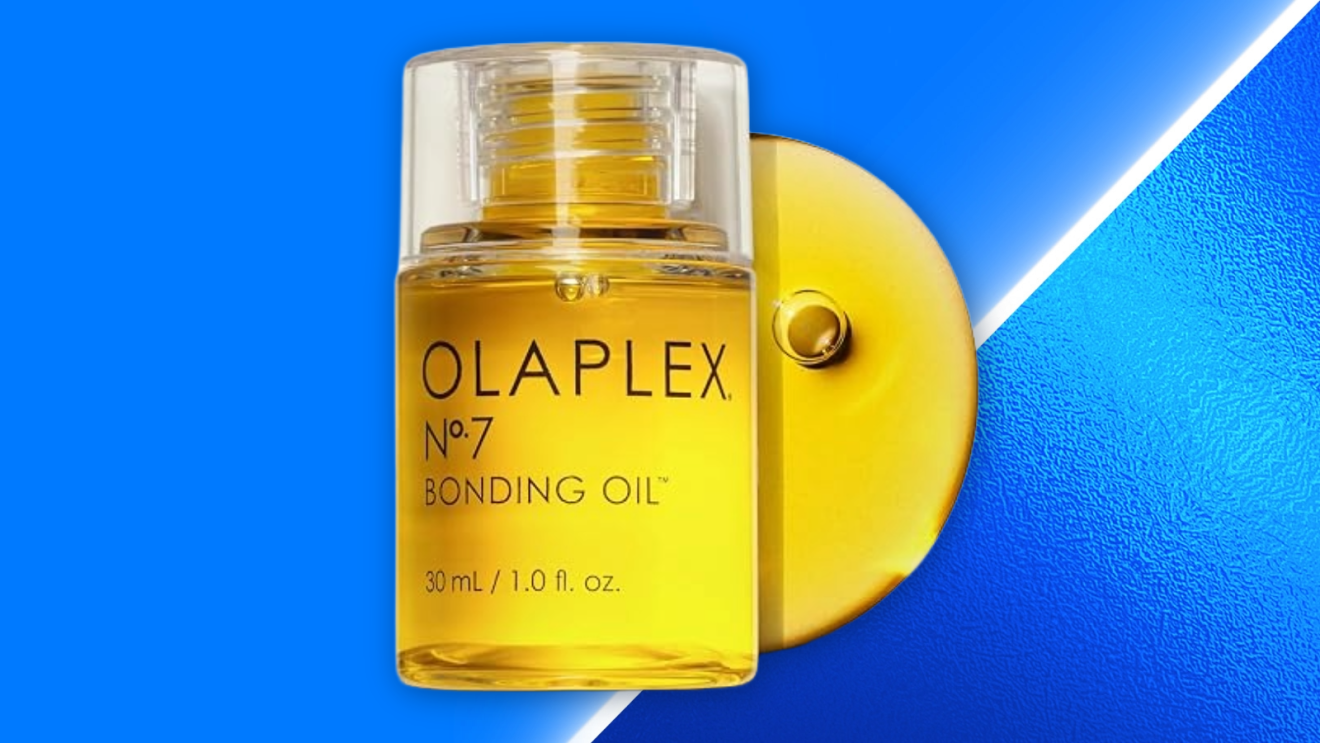 Olaplex No.7 Bonding Oil bottle on blue background with yellow circular accent