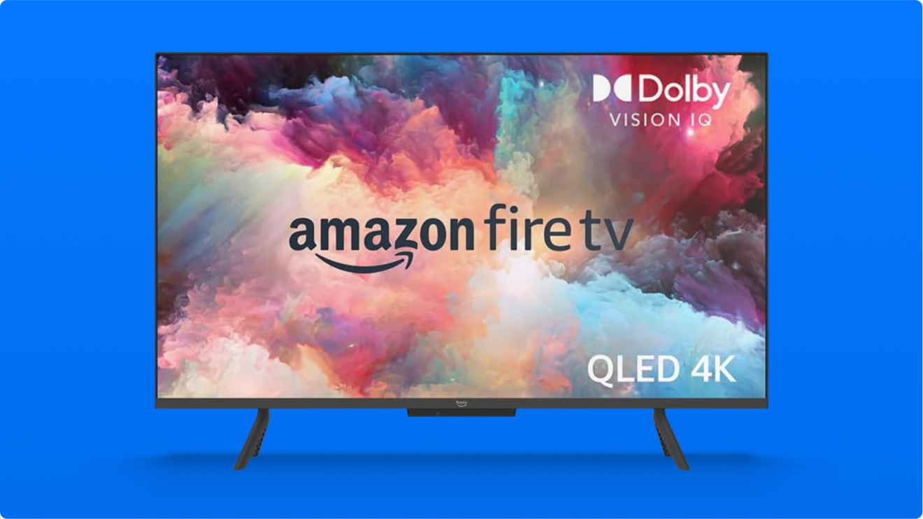 Amazon Fire TV display with colorful smoke effect and Dolby Vision IQ logo