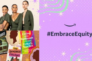 A collage of three images: one includes three women posing for a photo on the top left, the bottom left shows three book covers, and the right shows an illustration with Amazon smile logo and text that reads "#EmbraceEquity." 