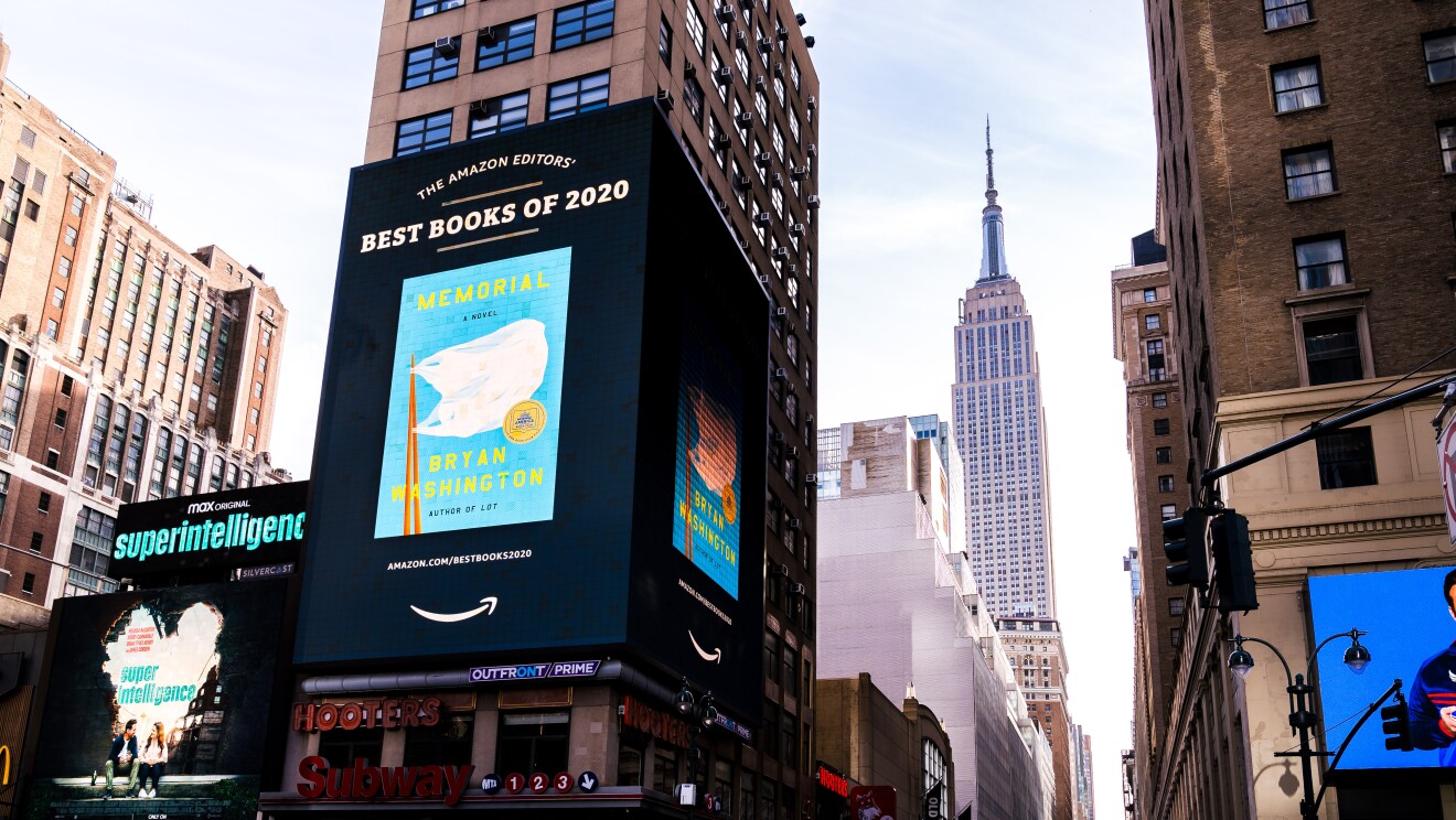 New York Square takeover of book title included Amazon's Best Books of the Year 2020 list.