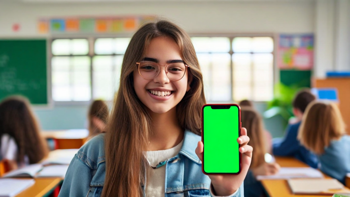 Ein lächelndes Mädchen in einem Klassenzimmer zeigt ein Smartphone mit grünem Bildschirm.