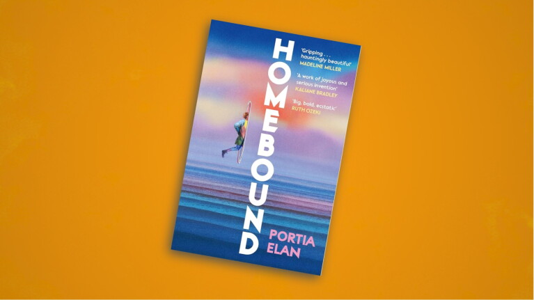 Cover of Homebound displaying person mid-jump on beach with ocean waves and colorful sunset horizon in blue and coral tones