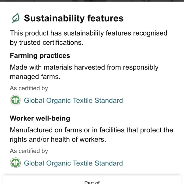 A screenshot of how the sustainability features of products will display to customers on the Amazon app