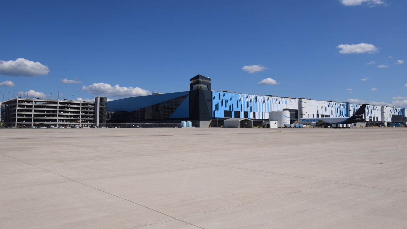 A Prim Air airplane in front of the Prime Air Hub in Kentucky.