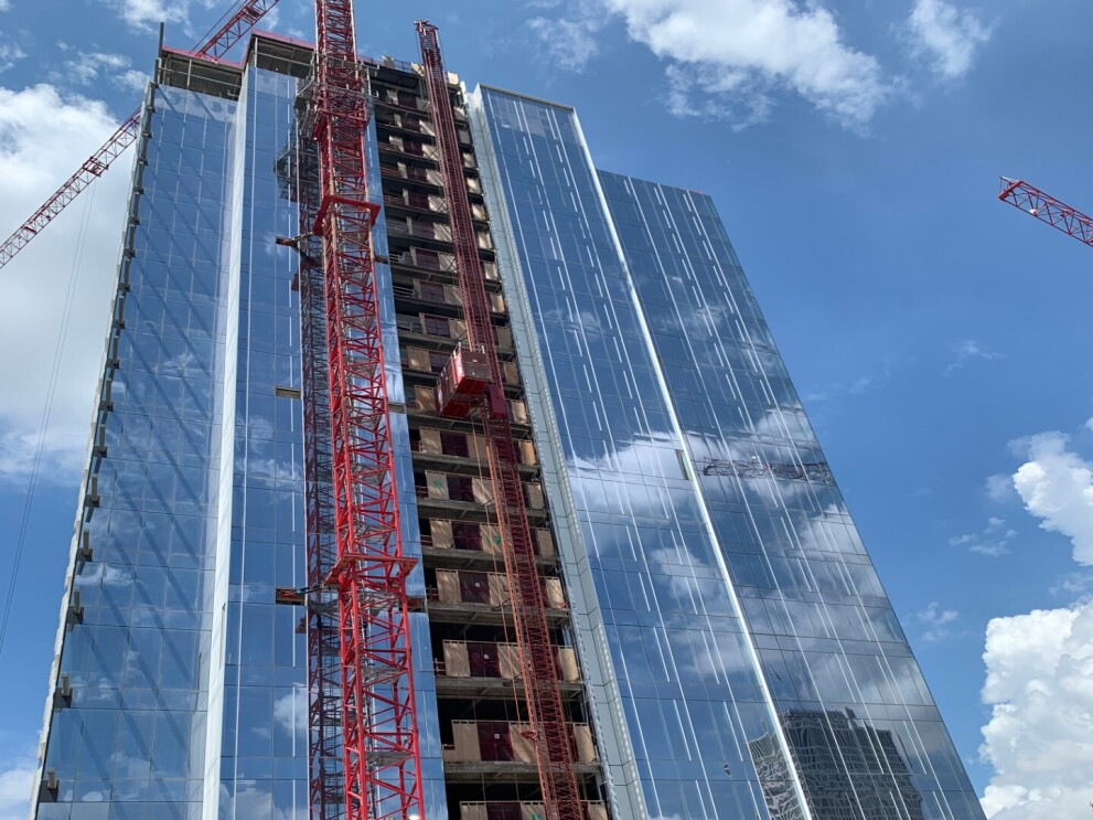 An exterior view of the construction of the new Amazon office building in Nashville, Tennessee