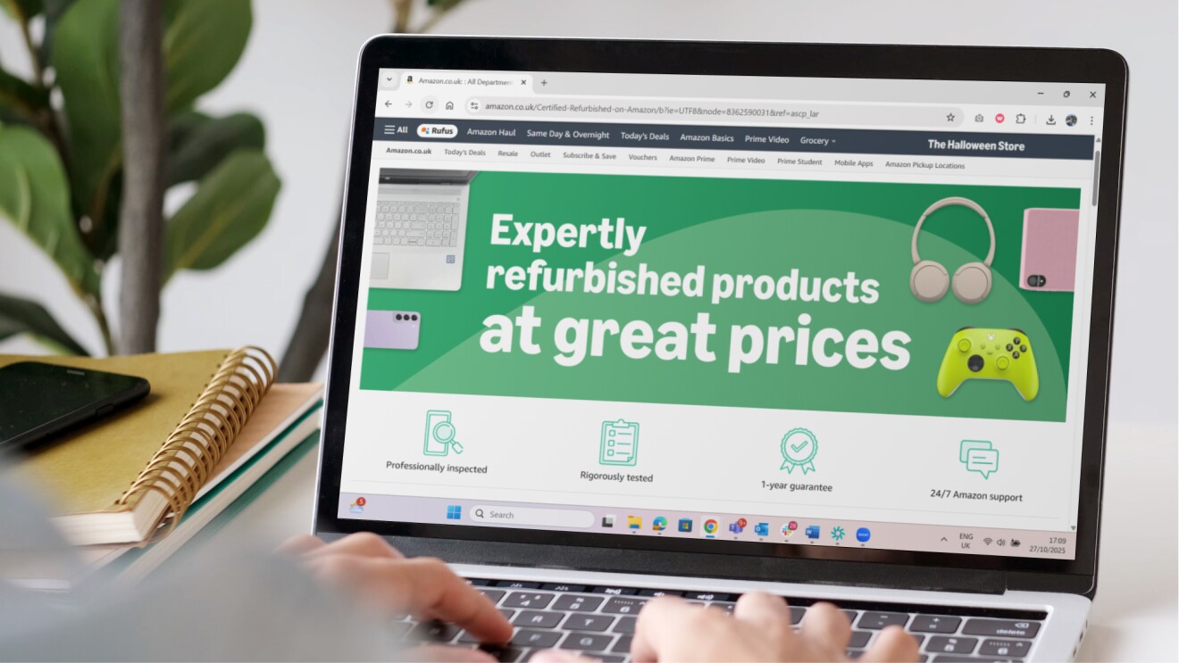 Amazon webpage for expertly refurbished products on laptop screen
